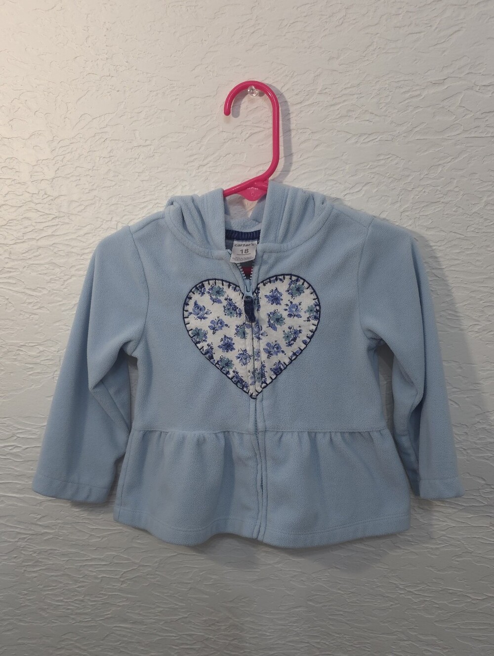 Carter’s Baby Girl Light Blue Fleece Zip Hoodie Floral Heart Peplum Jacket 18M